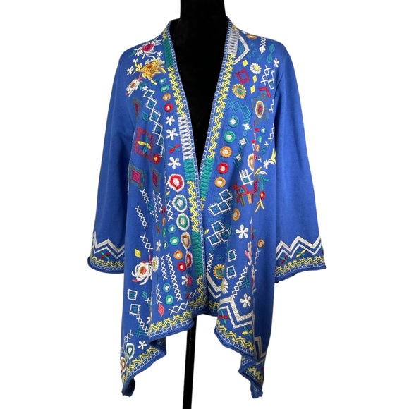 Johnny Was Blue Cardigan Prisca Embroidered Draped Open Front Jacket Floral - Picture 1 of 17